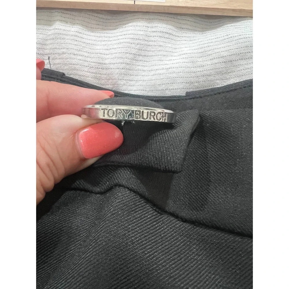 Tory Burch Black Wool Blend Cuffed Trousers Silver Logo Ring Detail Size 6